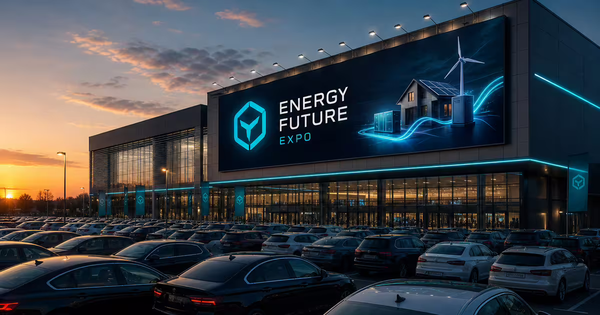 Budynek targowy Energy Future Expo z podświetlanym banerem z turbiną wiatrową i panelami słonecznymi o zachodzie słońca